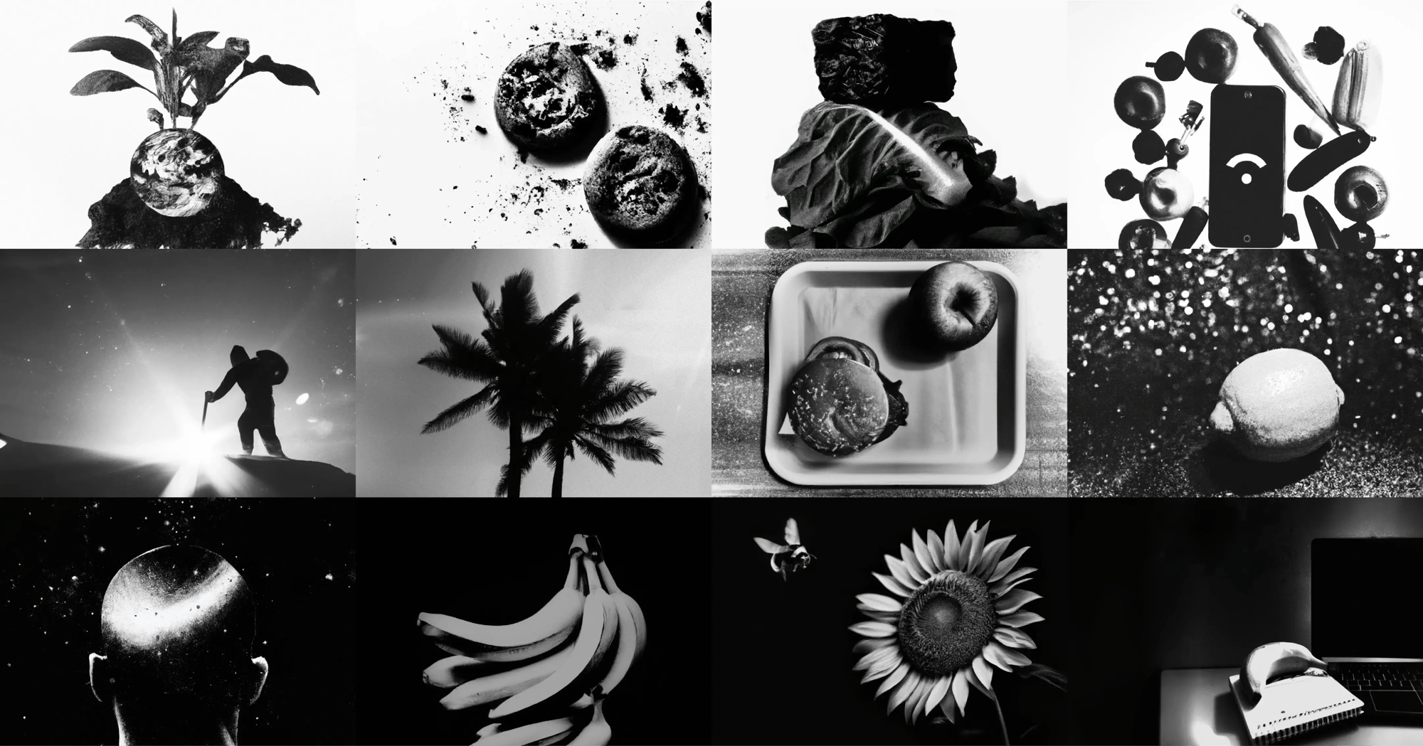 A grid of black and white AI-generated images of food, plants and space. 