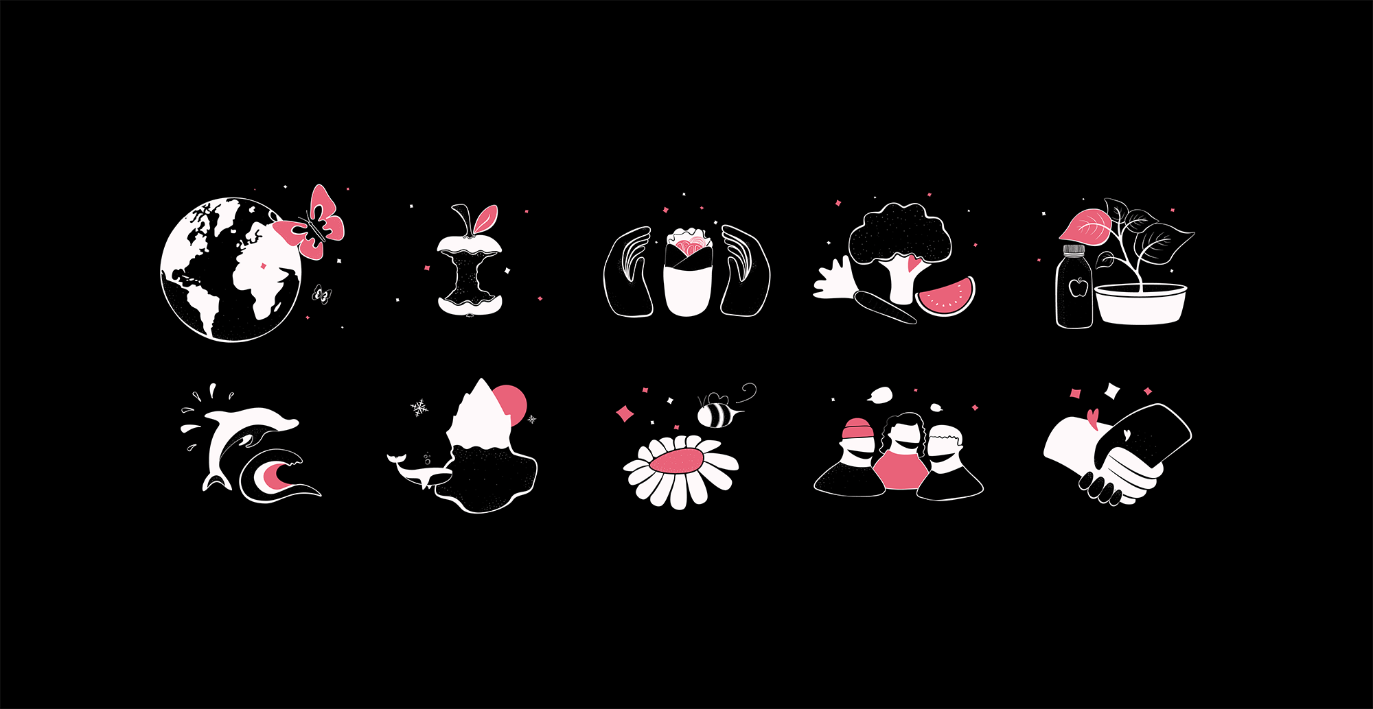 A black background with pink and white illustrations in a playful manner.