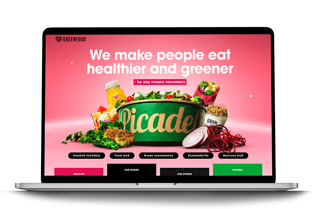 a mockup of an Apple laptop, showing a website on the screen, with a large heading and a green takeout salad bowl with the label Picadeli.