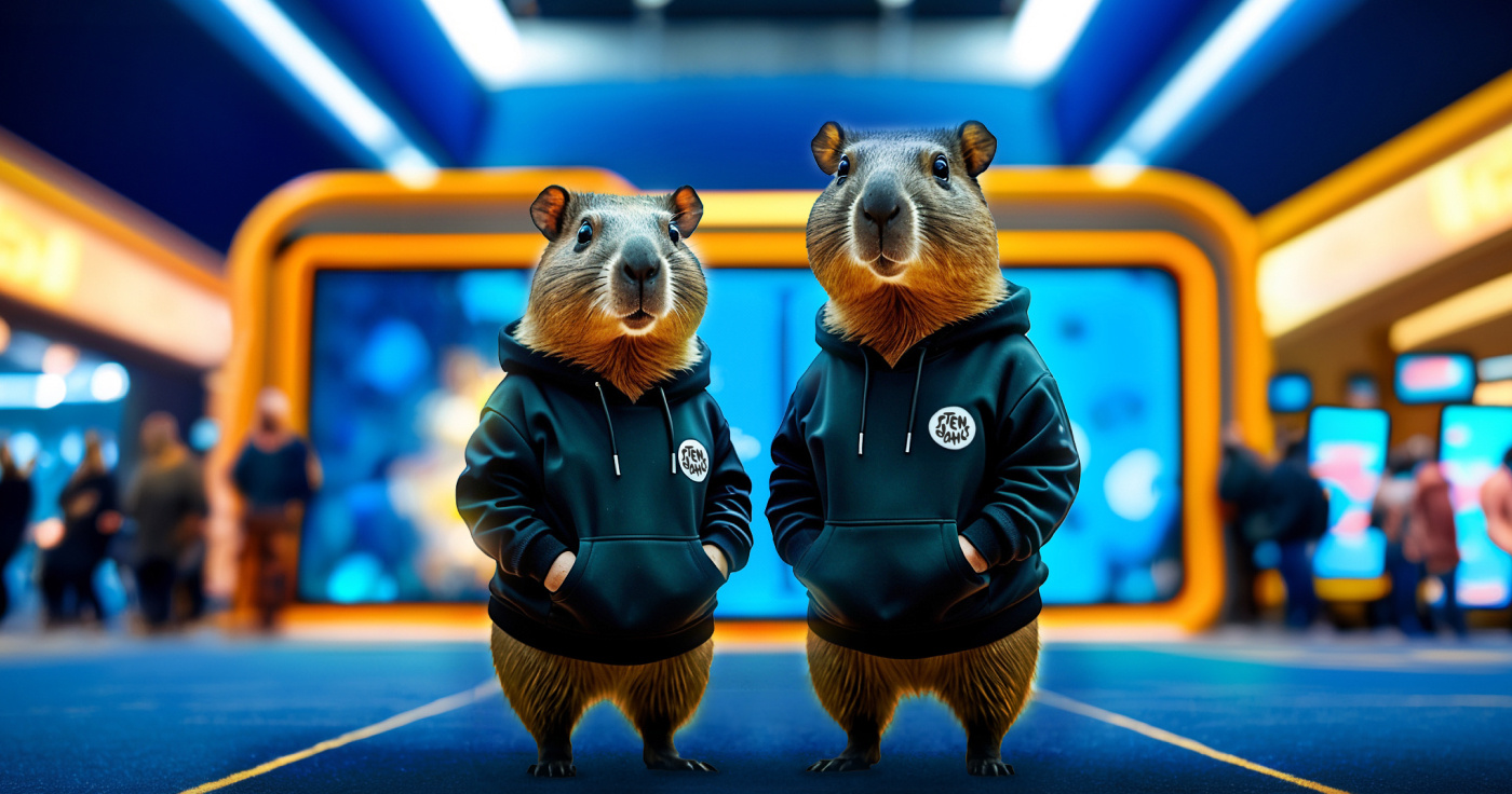 An AI generated image of two capybaras dressed in hoodies, standing in a hallway